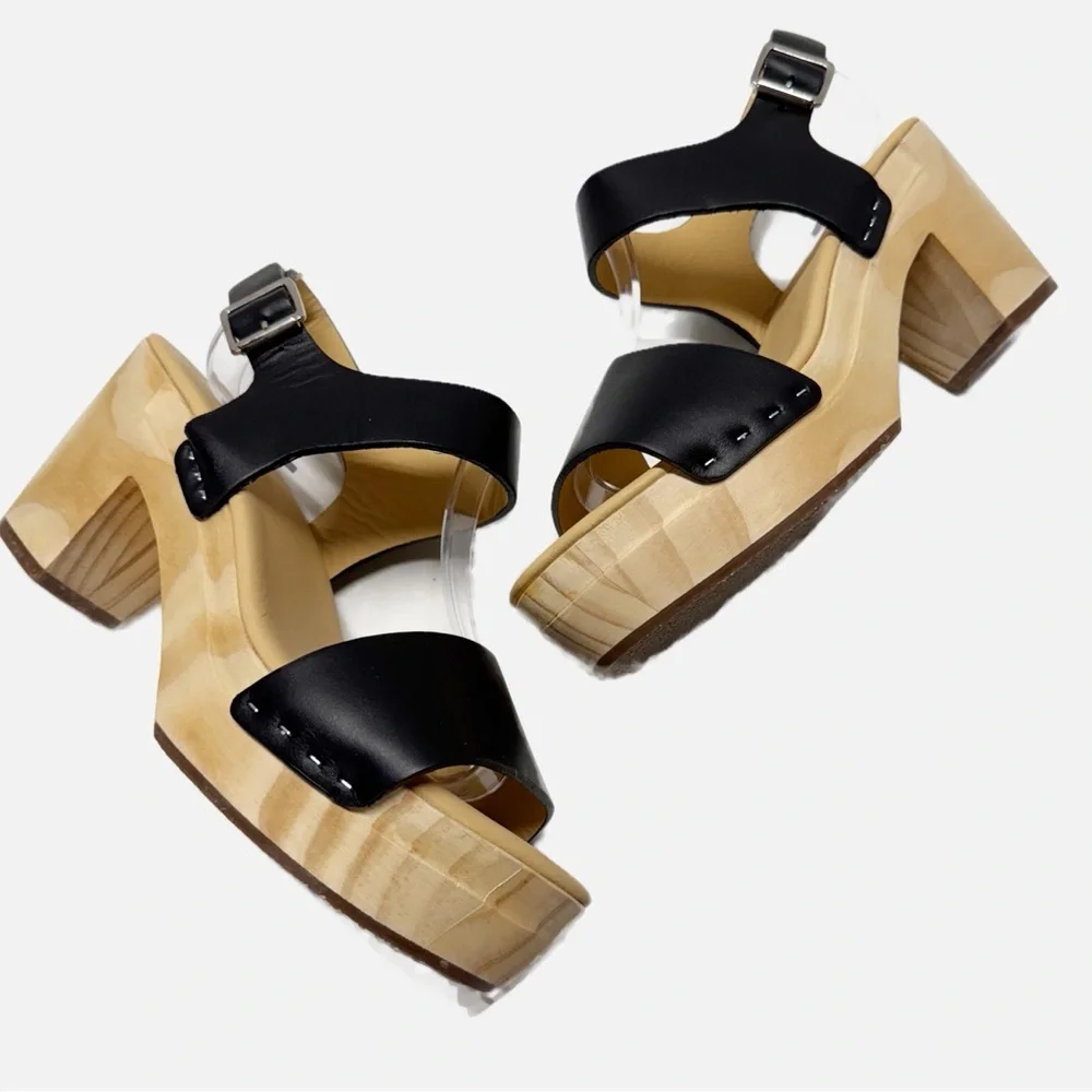 Nisolo Black Leather Platform Sandal with Wood Heel